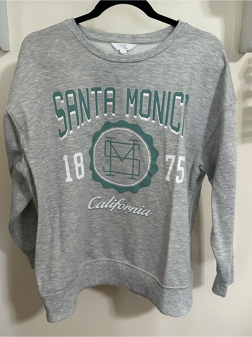 Time and Tru Gray Santa Monica Graphic Crewneck Sweatshirt with Teal Accents